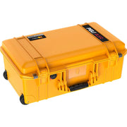 PELI Air 1535 hard case in yellow-orange with hinged lid and wheel corner detail