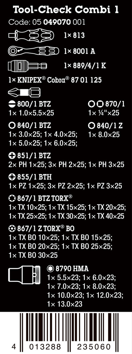 Tool set size chart and code list for Wera sockets and bits on back panel
