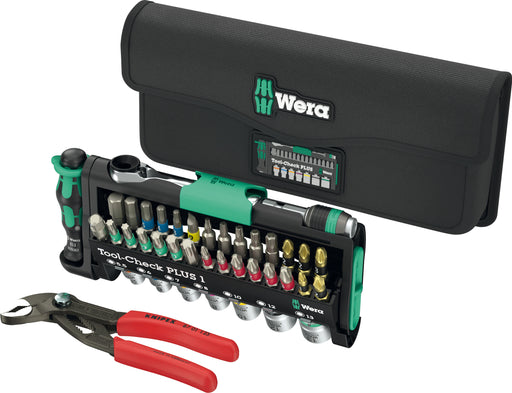 Wera tool-check tool kit in black carry case with green handle and socket set
