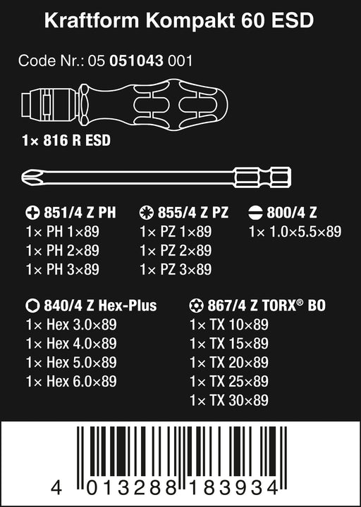 ESD screwdriver set parts diagram with bit sizes and codes on dark label