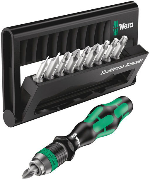 Black bit holder with multiple silver bits and a green-handled screwdriver