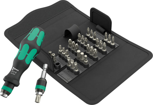 Universal screwdriver bit set in black case with green-handled driver and assorted bits