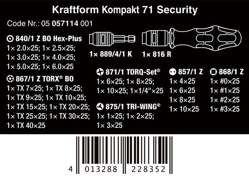 Screwdriver bit set contents list and diagram on product packaging