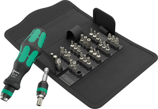 Screwdriver bit set in black case with teal handle and assorted metal bits