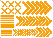 Orange floor marking sticker set with chevron arrows and horizontal bars, rounded corners