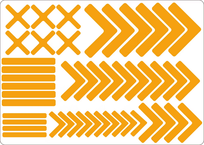 Orange floor marking sticker set with chevron arrows and horizontal bars, rounded corners