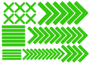 Green floor marking sticker set with X blocks, chevron arrows, and bars