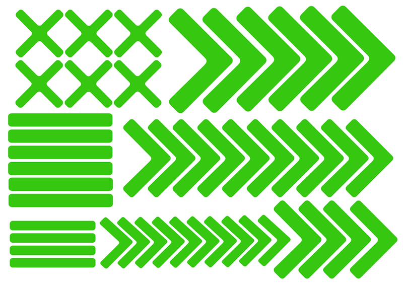 Green floor marking sticker set with X blocks, chevron arrows, and bars