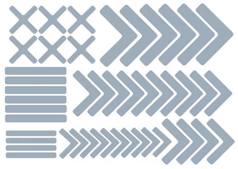 Grey floor marking sticker set with arrows, chevrons, and horizontal bars