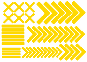 Yellow floor marking sticker set with X blocks, chevron arrows, and bars