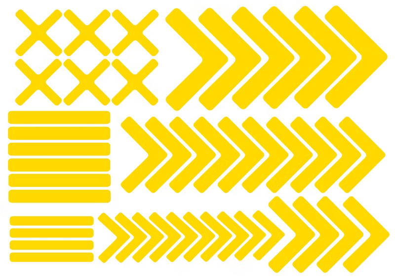 Yellow floor marking sticker set with X blocks, chevron arrows, and bars