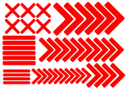 Red floor marking sticker set with X blocks, arrows, and horizontal bars