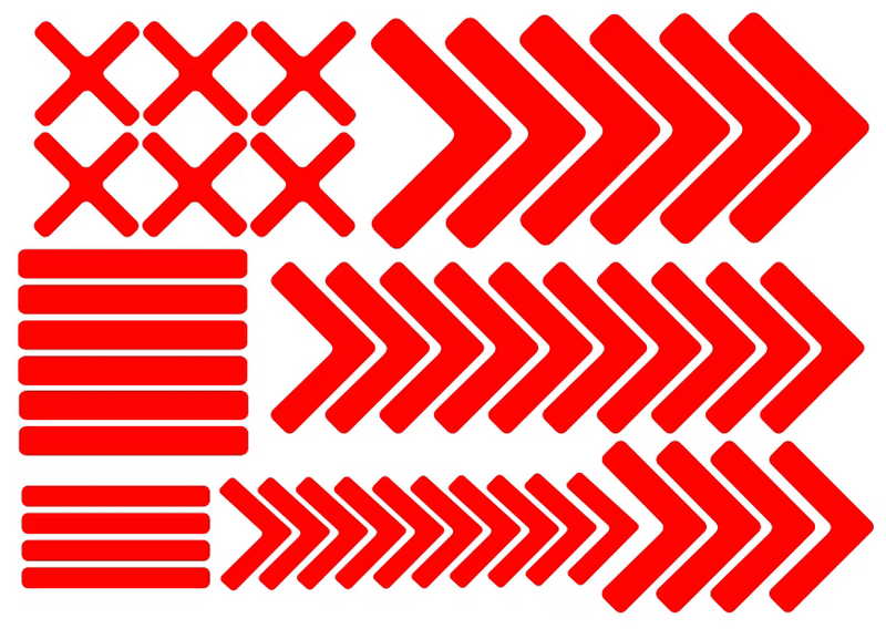 Red floor marking sticker set with X blocks, arrows, and horizontal bars
