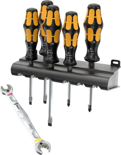 Wera 6-piece chiseldriver and spanner set with yellow-black handles on rack