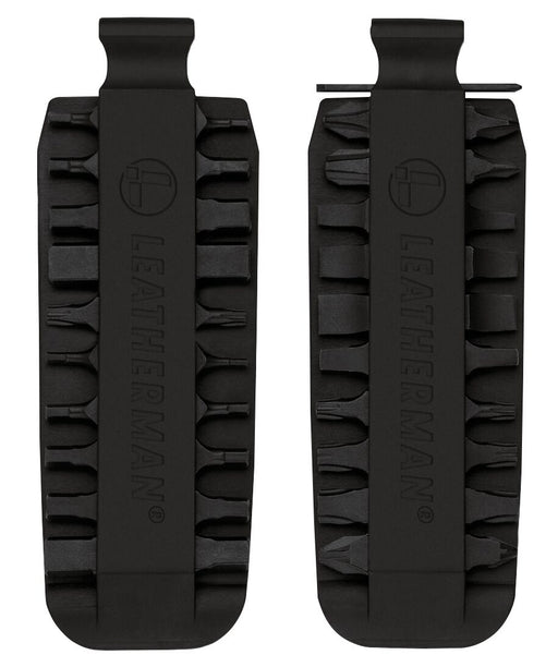 Pair of black Leatherman bit kit holders with molded pockets and strap loop