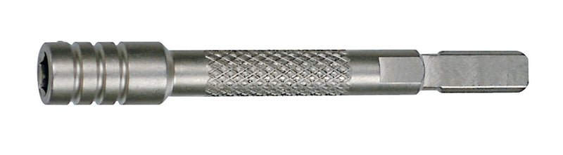Leatherman bit driver extender, silver metal with knurled grip and hex bit end