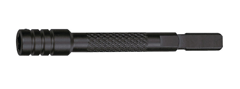 Leatherman bit driver extender, black metal with knurled grip and hex bit end