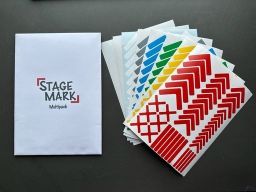 Colorful floor marking sticker sheets with chevron arrow patterns and straight bars