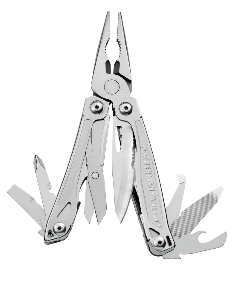Stainless steel 14-in-1 multi-tool, open with multiple blades and pliers