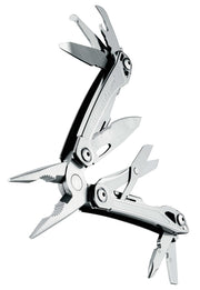 Stainless steel 14-in-1 multi-tool, open with pliers and blades extended