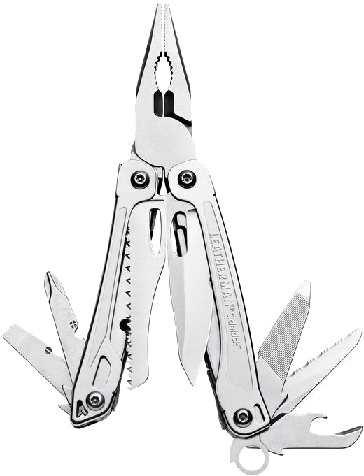 Leatherman Sidekick multi-tool with open pliers, blades, and bit tools
