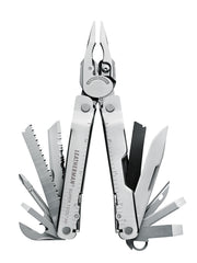 Stainless steel multi-tool with pliers, blades, saw, and screwdrivers folded out