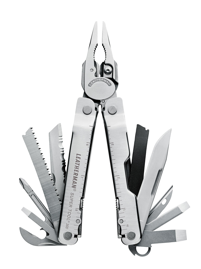 Stainless steel multi-tool with pliers, blades, saw, and screwdrivers folded out