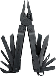 Black multi-tool with pliers and blades folded out, including saw and serrated edge
