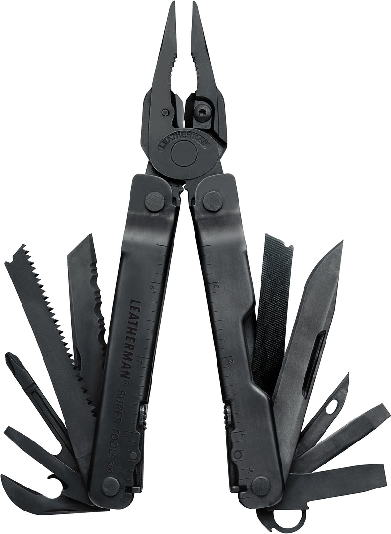 Black multi-tool with pliers and blades folded out, including saw and serrated edge