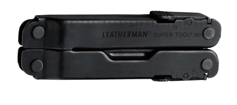 Black folding multi-tool, closed, with embossed markings