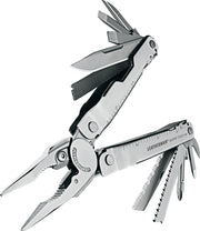 Stainless steel multi-tool with multiple blades and tools in open position