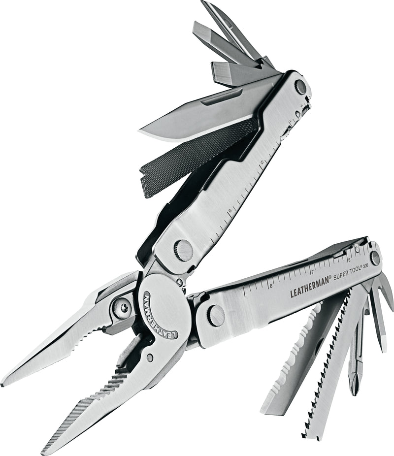 Stainless steel multi-tool with multiple blades and tools in open position