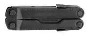 Black 17-in-1 multi-tool closed, with textured grips