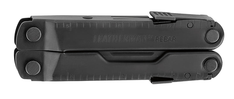 Black 17-in-1 multi-tool closed, with textured grips