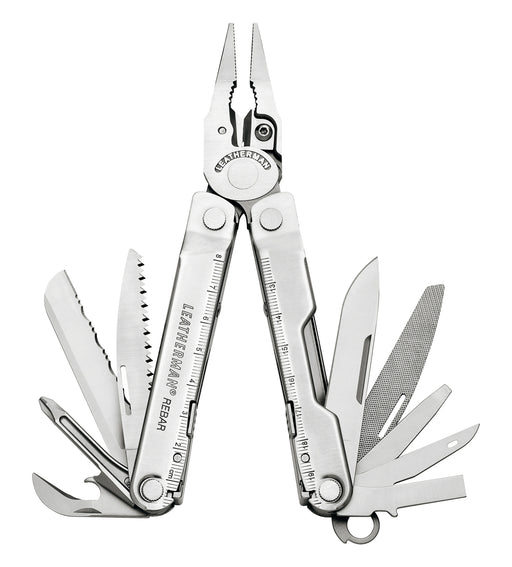 Stainless steel 17-in-1 multitool with open pliers and folded blades