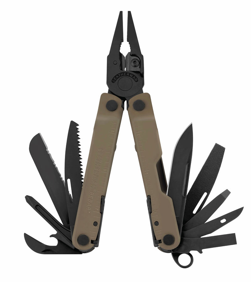 Coyote tan 17-in-1 multi-tool with pliers and folded blades