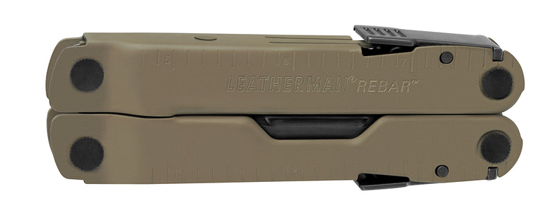 Coyote tan 17-in-1 multi-tool closed, with pocket clip
