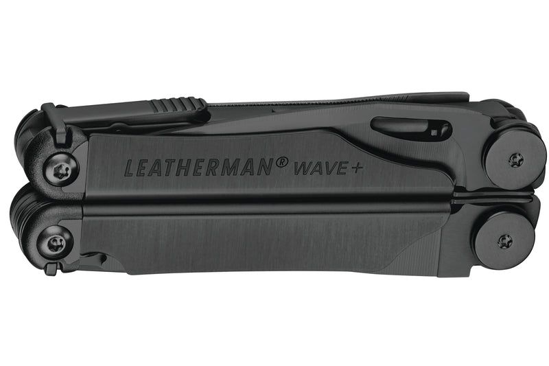 Leatherman Wave+ multi-tool in black, folded with tool handles and screws