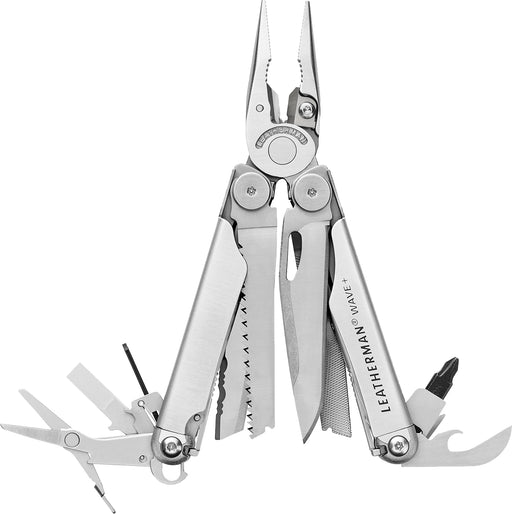Stainless steel 18-in-1 multitool with extended tools, front view