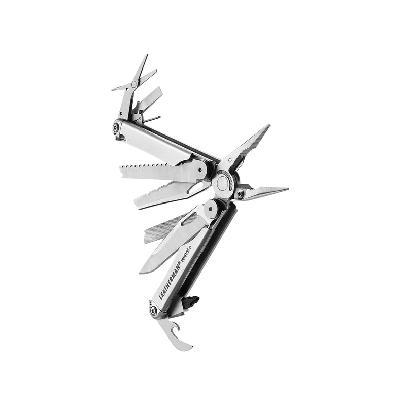 Leatherman Wave+ multi-tool, silver with multiple blades and tools extended