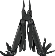 Black multi-tool with open pliers and multiple blades and built-in tools