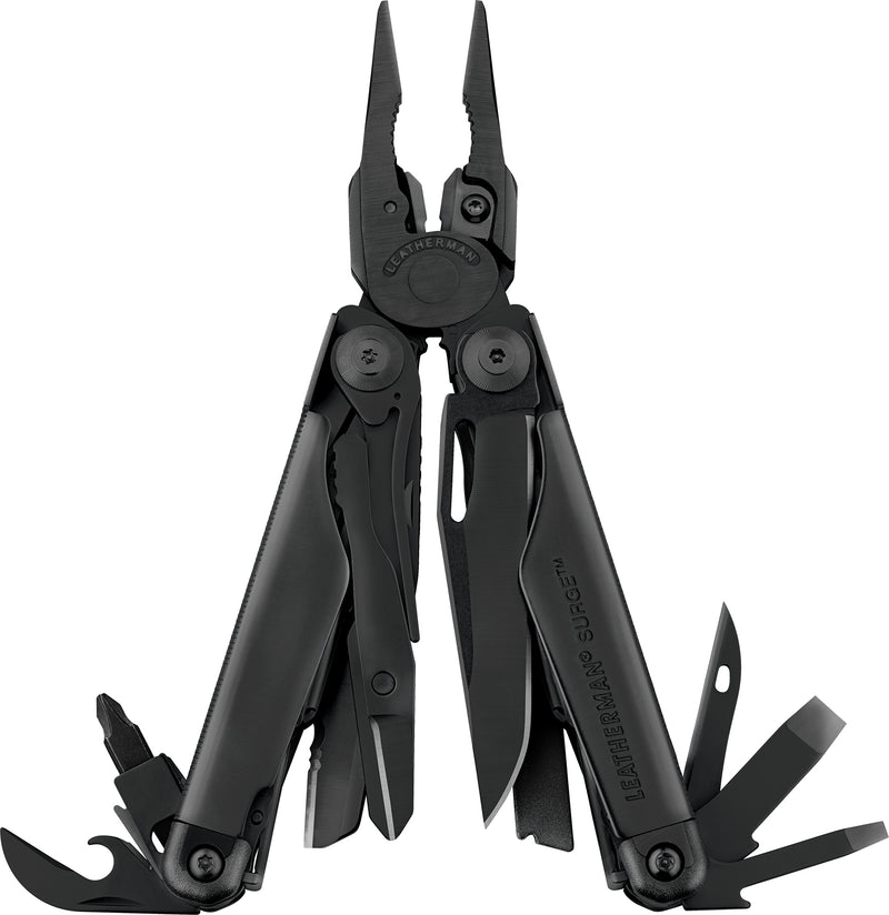 Black multi-tool with open pliers and multiple blades and built-in tools