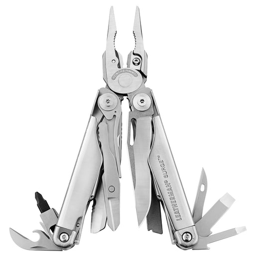 Leatherman SURGE 21-in-1 multitool, stainless steel, open with scissors and blades