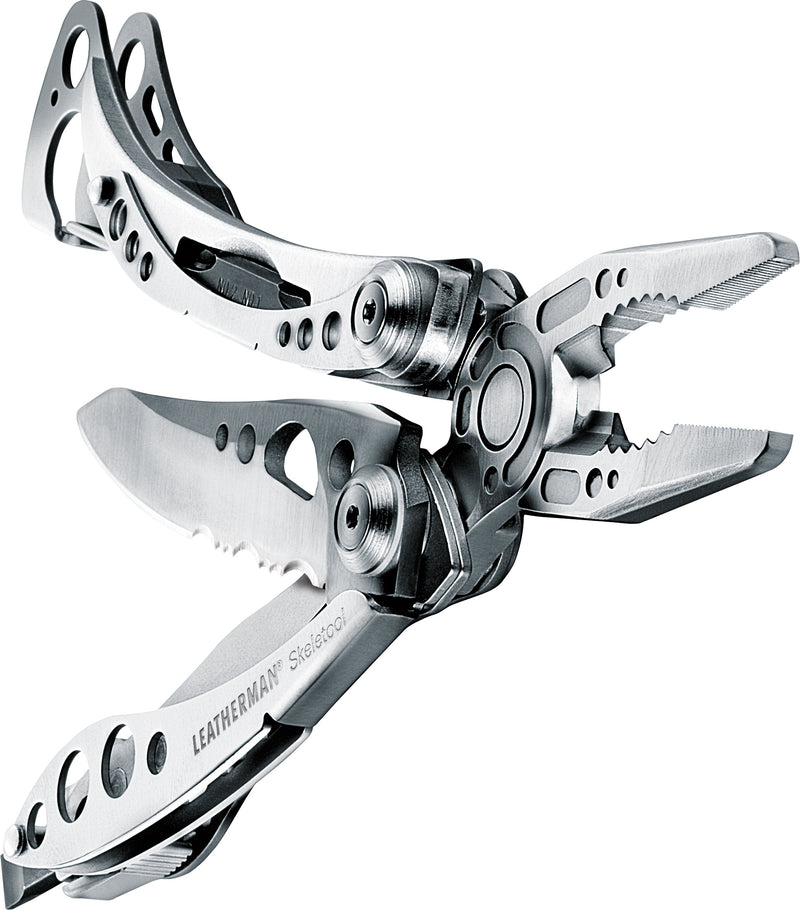 Silver Leatherman Skeletool 7-in-1 multi-tool with folded blades and tools