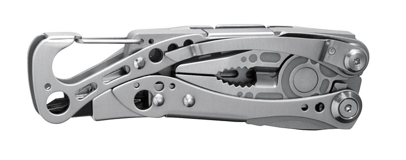 Silver Leatherman Skeletool multi-tool side view with folded tools and serrated blade