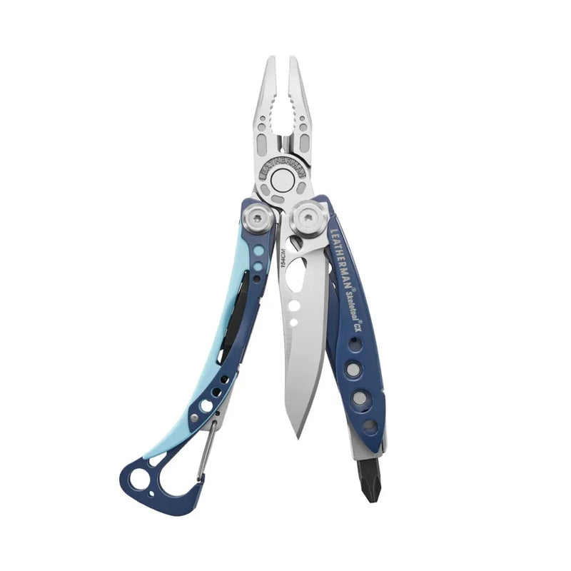 Leatherman Skeletool CX multi-tool with blue handles and open pliers blades