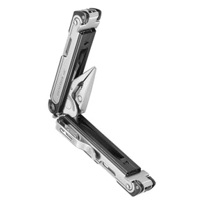 Black DLC and stainless steel 20-in-1 multi-tool, open with tools extended.