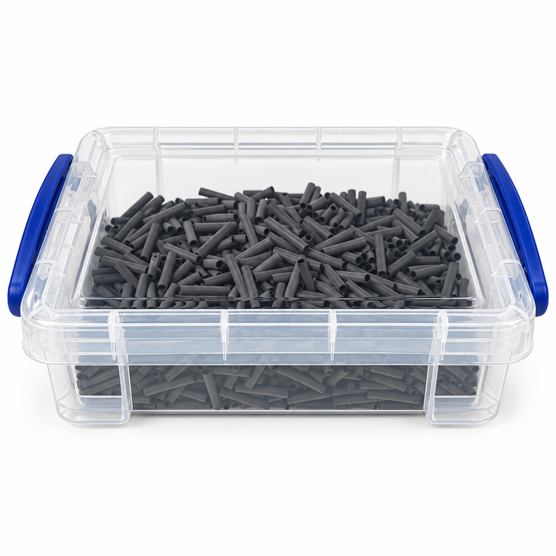 Black Hellermann H15 cable sleeving in clear lidded storage box, many pieces