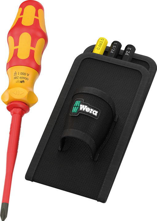 Insulated VDE screwdriver with orange-yellow handle next to black bit pouch