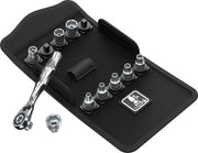 Ratchet and socket set in a black molded case with chrome tools